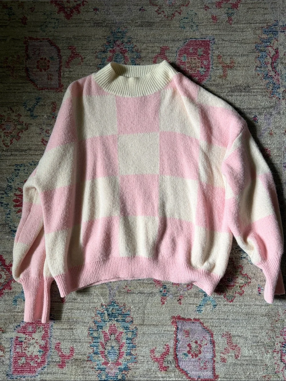 Amazon Pink & Cream Checkerboard Crewneck Sweater - Picture 1 of 2